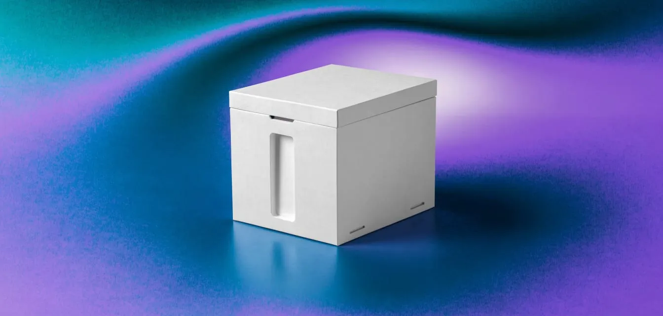 Product photo of a white filing box on a cobalt blue, teal and violet gradient