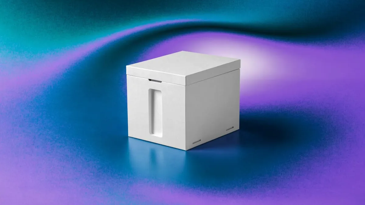 Product photo of a white filing box on a cobalt blue, teal and violet gradient