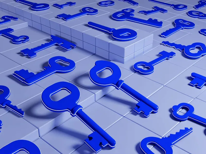 Isometric 3D illustration of glossy cobalt blue old-fashioned keys on a tiled floor