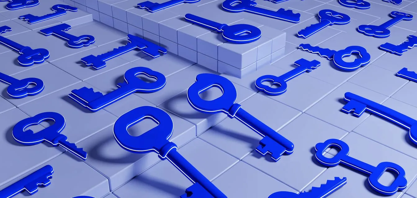 Isometric 3D illustration of glossy cobalt blue old-fashioned keys on a tiled floor