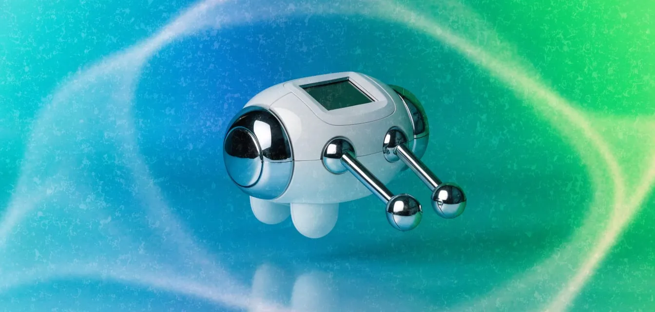 Product photo of a small white and chrome toy robot on a turquoise, electric blue and emerald green gradient