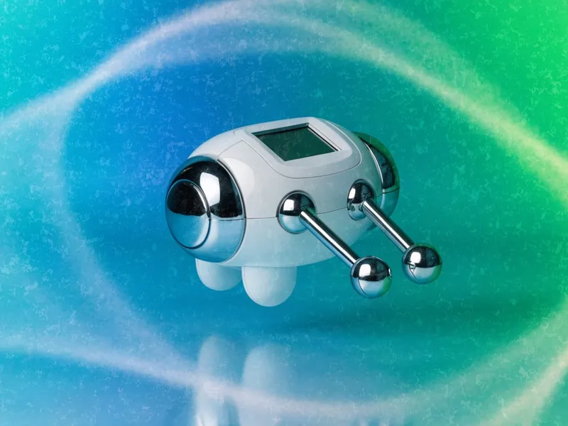 Product photo of a small white and chrome toy robot on a turquoise, electric blue and emerald green gradient