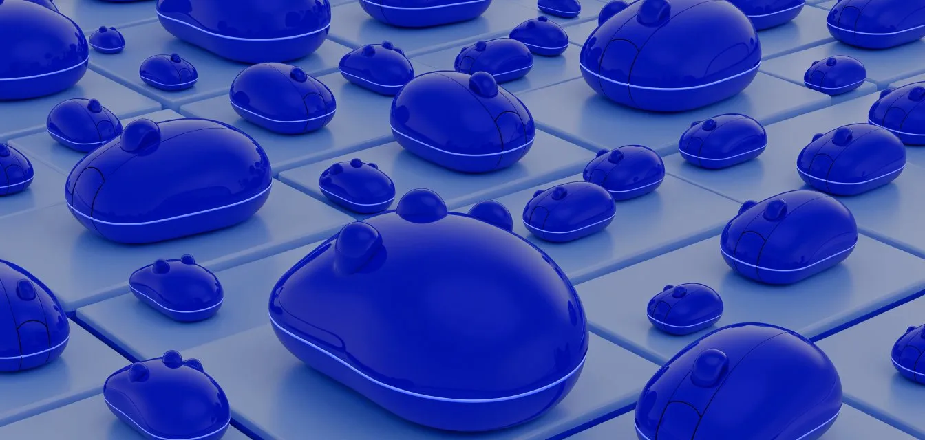 Isometric 3D illustration of glossy cobalt blue computer mice on a tiled floor