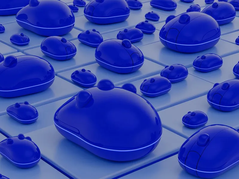 Isometric 3D illustration of glossy cobalt blue computer mice on a tiled floor