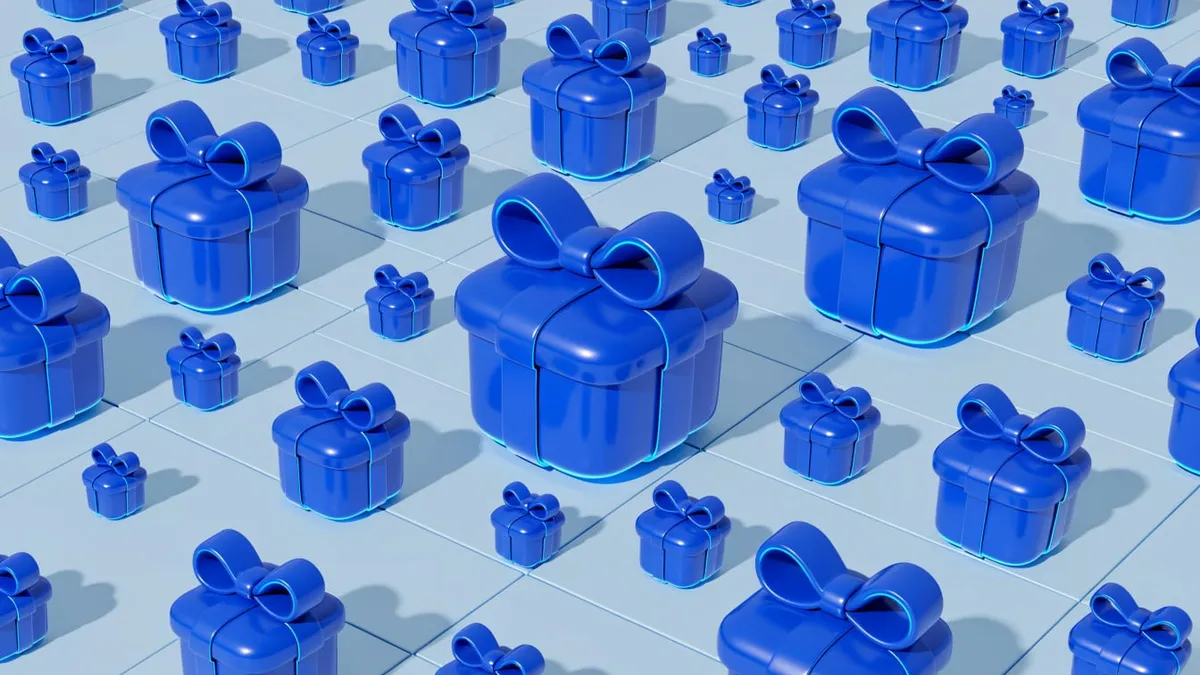 Isometric 3D illustration of glossy cobalt blue gift boxes with ribbon bows on a tiled floor