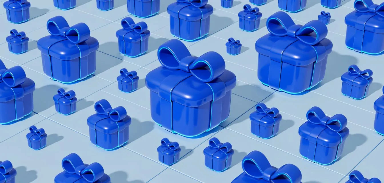Isometric 3D illustration of glossy cobalt blue gift boxes with ribbon bows on a tiled floor
