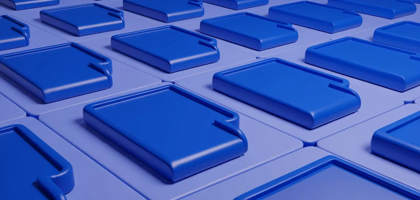 Isometric 3D illustration of glossy cobalt blue paper documents with folded corners on a tiled floor