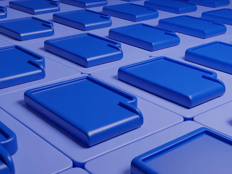 Isometric 3D illustration of glossy cobalt blue paper documents with folded corners on a tiled floor